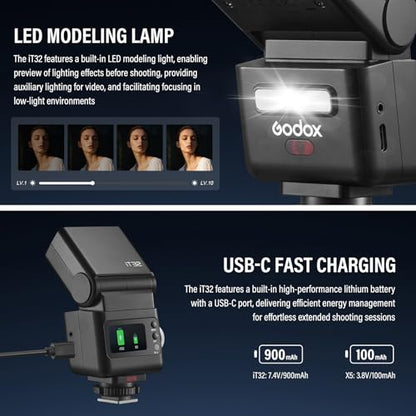 Godox IT32 TTL Mini Flash with X5S Trigger for Sony Camera | 2-in-1 Magnetic Hot Shoe & Flash Trigger Kit, 2.4G HSS GN18 Speedlight, Colorful Touch Screen, LED Modeling Lamp & Diffuser