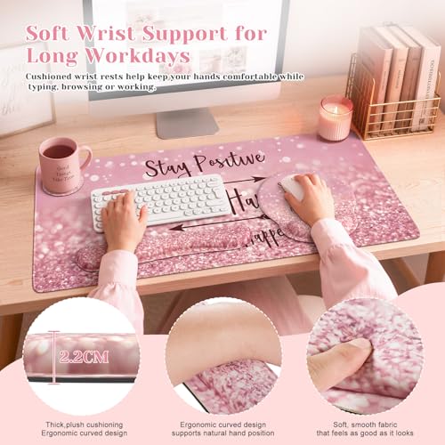 iCasso Mouse Pad,Large Pink Desk Mat Set, 4in1 Back to School XXL Mousepad + Keyboard Wrist Rest+Mouse Wrist Rest+Coaster with Ergonomic Desk Pad for Home Office Computer Cover -Pink Stay Positive - color: 1-Pink Stay Positive