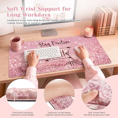 iCasso Mouse Pad,Large Pink Desk Mat Set, 4in1 Back to School XXL Mousepad + Keyboard Wrist Rest+Mouse Wrist Rest+Coaster with Ergonomic Desk Pad for Home Office Computer Cover -Pink Stay Positive - color: 1-Pink Stay Positive