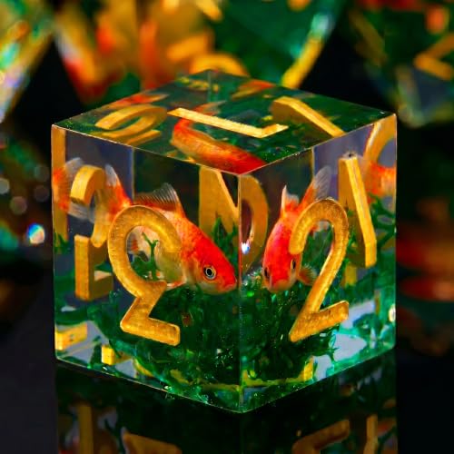 Moss and Koi Fish DND Dice Set - 7Pcs Sharp Edge Resin Polyhedral Game Dice for D&D RPG - Includes D20, D12, D10, D8, D6, D4 - Moss Agate Fish Design(Gold) - color: Gold