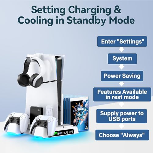 PS5/Slim/Pro Stand and Cooling Station with LED Controller Charging Station for PlayStation 5 Console, Controller Charger, Cooling Stand, PS5/Slim/Pro Skin Accessories Kit with 3 Level Cooler Fan - color: All White