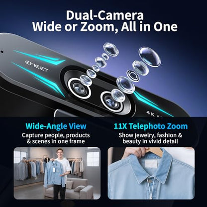 EMEET C60E Dual 4K Webcam for Streaming with Tripod, Wide-Angle and Telephoto Cameras, Max 11X Hybrid Zoom & PDAF Autofocus, Remote Control, RGB Lighting, 2 Mics, Plug & Play USB Webcam for PC & Mac - style: Dual-Camera w/ Tripod