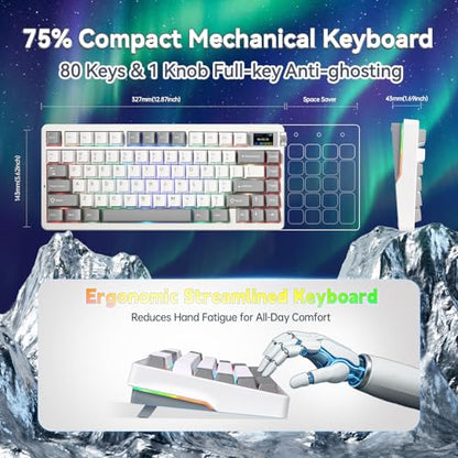 X Aula Nova75 Mechanical Gaming Keyboard,75% Compact Wireless Keyboard with Screen & Knob,Gamer for Pre-lubed Switches 8000mAh Computer Keyboards,RGB Backlit,Custom Hot Swappable,BT/2.4GHz/USB-C - color: Black&White&Grey