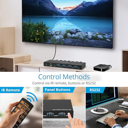 gofanco 4K60Hz 4x4 HDMI Matrix Switch (Matrix44HD2-BSC) | Up to 4K60Hz 4:4:4, HDR, HDCP 2.2/1.4, Auto Downscaling, EDID Management, 7.1ch Audio, Atmos, Lightning/Surge/ESD Protection - size: 4K 60Hz 4x4 BSC