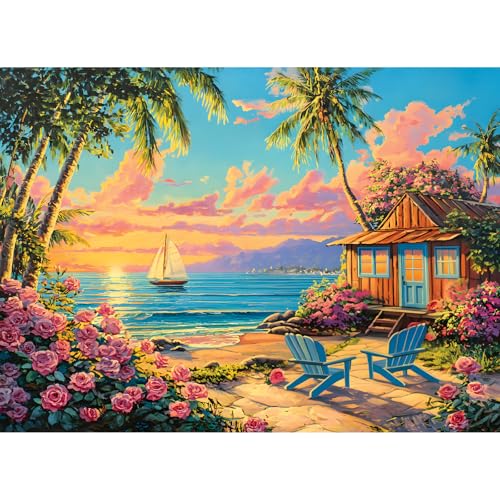 500 Piece Jigsaw Puzzles for Adults, Sunset Beach Cottage Puzzles, Fun and Challenging Puzzle for Family Time, Relaxing Gift for Adults, Seniors, 20.5 x 15 in - style: Beach Paradise