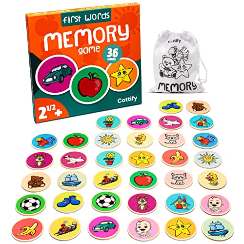 Montessori-Inspired Wooden Matching Game for Toddlers 2-4 Years - Durable, Scratch-Resistant 36 Card Set, Includes Carry Bag - Memory Game for Toddlers 2-4 Years - Cognitive Verbal Skills Development - size: First Words 36 cards