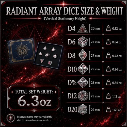 Radiant Array Metal DND Dice Set, 7-Piece Black Red Dice | Solid zinc alloy dice with weighty feel, raised numbers, black red enamel design, and a collector box for RPG play. - color: Black
