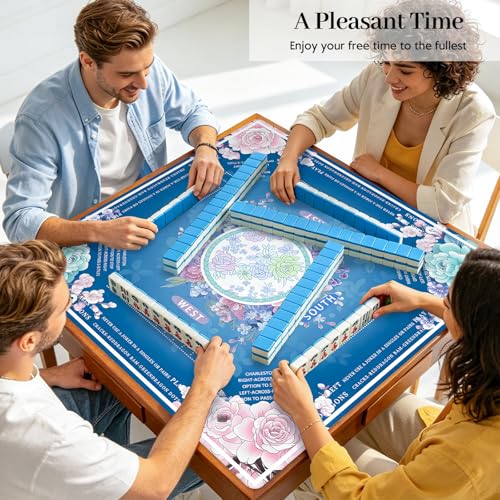 Blue Mahjong Mat for Table, American Mahjong Mat with Rules, 31.5''x31.5'' | Non-Slip & Noise Reduction Mah Jongg Gift with Carrying Bag for Poker, Board Games, Dominoes, Cards & Tile Games - color: Blue