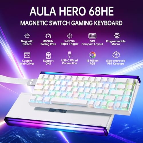 Aula Hero 68 HE 60% Gaming Keyboard Wired, Hall Effect Magnetic Switch Keyboard with Adjustable Actuation, Fast Trigger Mode, 8K Hz Polling Rate, 0.125ms Latency,Side Printed PBT Keycaps, RGB Backlit - color: White