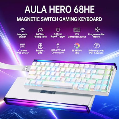 Aula Hero 68 HE 60% Gaming Keyboard Wired, Hall Effect Magnetic Switch Keyboard with Adjustable Actuation, Fast Trigger Mode, 8K Hz Polling Rate, 0.125ms Latency,Side Printed PBT Keycaps, RGB Backlit - color: White