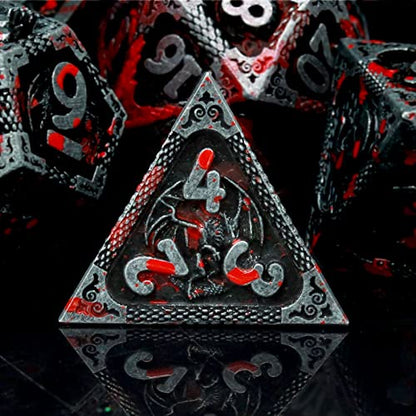 Haxtec Metal DND Dice Set, 7 Pcs Dragon Pattern Polyhedral Dice for RPG | Bloodstained D&D with Leather Bag, Compatible with Dungeons and Dragons, Heavy Metallic, TTRPG Gifts for Table Games - color: Antique Silver Red