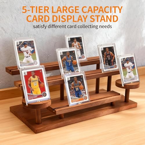 Wooden Trading Card Display Stand Fit 35-100pt Cards Cases, 5-Tier Card Holder for PSA Graded, Sports Cards, Mag Holders, Large Capaticy Wood Stand for Basketball Baseball Magnetic Graded Sleeves Cards Cases