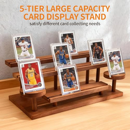 Wooden Trading Card Display Stand Fit 35-100pt Cards Cases, 5-Tier Card Holder for PSA Graded, Sports Cards, Mag Holders, Large Capaticy Wood Stand for Basketball Baseball Magnetic Graded Sleeves Cards Cases