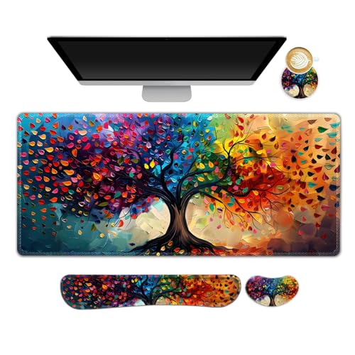 Large Gaming Mouse Pad Set, 4 in 1 Ergonomics Keyboard Desk Mat with Memory Foam Wrist Rest, Computer Extended Game Mousepad, Non-Slip Desk Matt Easy Typing Pain Relief I Colorful Tree Leave - color: Colorful Tree Leave