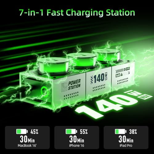 E-Tank 7-in-1 Desktop Charging Station, 140W Max GaN USB-C Charger | 3 AC Outlets, 3 USB-C Ports, 1 USB-A Port, PD 3.1 Fast Charging, Smart Power Sharing, RGB Lighting, Desk Power Hub - color: 140W Charger Station - Gray