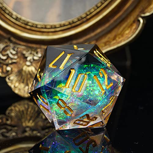 Cusdie Single D20 DND Dice with Sharp Edges and Glitter Foil Inclusions, 20 Sided D&D Dice, 33mm Handcrafted, for Role Playing Game (Black/T) - color: Black Transparent