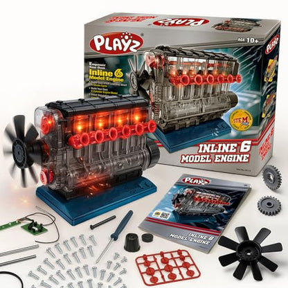 Playz Working Inline 6 Engine Model Kit - Build Your Own Mini Engine kit | that runs for Adults and Kids 8+ Large Engine Building Blocks STEM Engineering kit, Visible Real Engine model Kit that Works - style: Inline 6
