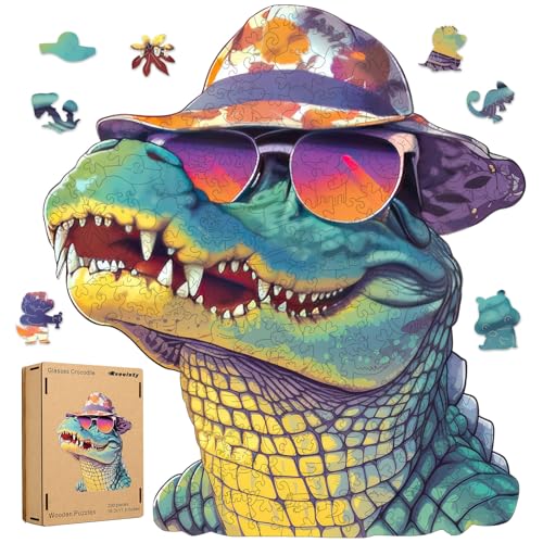 Reouinty Wooden Puzzle 500 Piece, Cool Glasses Crocodile Jigsaw Puzzles, Unique Puzzle, Beautiful Wooden Puzzle with Box Birthday Gifts for Family Game 16x17.6 in - color: Glasses Crocodile, size: 500pcs