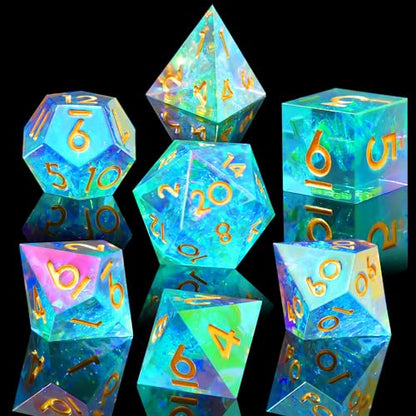 Laser DND Rainbow Dice Set Dungeons and Dragons Dice with Iridescent Iconic Coating, Polyhedral Dice with Resin Sharp Edge for RPG, MTG Table Games （Polar Light） - color: Rainbow-polar Light