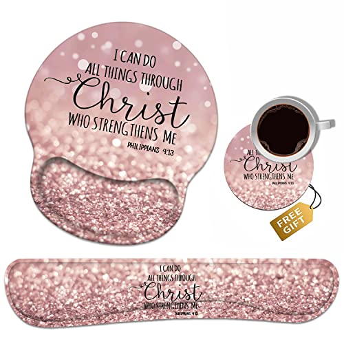 Keyboard Wrist Rest + Mouse Pad Wrist Support Set with Coasters, Non-Slip PU Base Ergonomic Mousepad for Home Office Working Studying Easy Typing & Pain Relief, Bible Verse Philippians 4-13 - color: Bible Verse Philippians 4-13