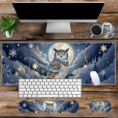 Large Gaming Mouse Pad Set with Wrist Support – 31.5" x 11.8" 4-in-1 XXL Mousepad with Keyboard Wrist Rest, Mouse Wrist Rest & Coaster – Ergonomic Desk Mat for Office, Home – Owl Moon - color: Owl Moon