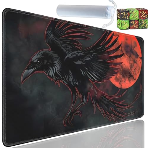 Playmat for MTG, 24x14 Inches Playmats, for TCG and CCG Trading Card Game Mat, Non-Slip Rubber for MTG Playmats with A Storage Bag and 6 Dice Set, Black Raven, Red Moon Pattern - color: Yu-Playmat-1-D110