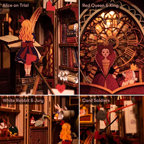 MiniCity Alice in Wonderland Book Nook Kit, DIY 3D Wooden Puzzle with LED | Build Alice's courtroom in 6-8 hr; 267-piece kit includes LED, dust cover, glue/tools and guide for shelf display, ages 14+. - style: Alice in Wonderland
