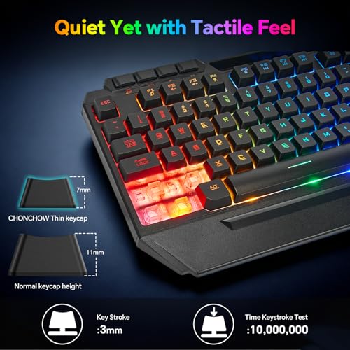 CHONCHOW Gaming Keyboard and Mouse Combo, Wired RGB Set for PC PS4 PS5 Xbox | Phone Holder, Ergo Wrist Rest, Full Size, Anti-Ghosting, USB Silent Light Up Keyboard, 7D 7200DPI Gaming Mouse, Mouse Pad