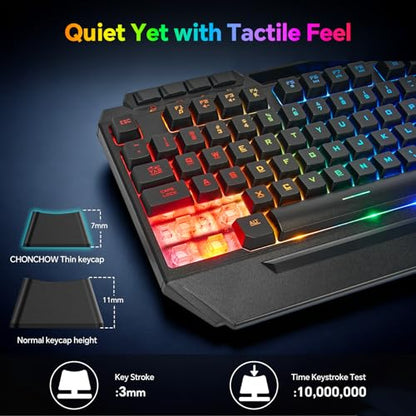 CHONCHOW Gaming Keyboard and Mouse Combo, Wired RGB Set for PC PS4 PS5 Xbox | Phone Holder, Ergo Wrist Rest, Full Size, Anti-Ghosting, USB Silent Light Up Keyboard, 7D 7200DPI Gaming Mouse, Mouse Pad