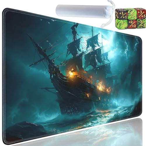 Playmat for MTG, 24x14 Inches Playmats, for TCG and CCG Trading Card Game Mat, Non-Slip Rubber for MTG Playmats with A Storage Bag and 6 Dice Set, Pirate Ship in Storm Pattern - color: Yu-Playmat-1-A19