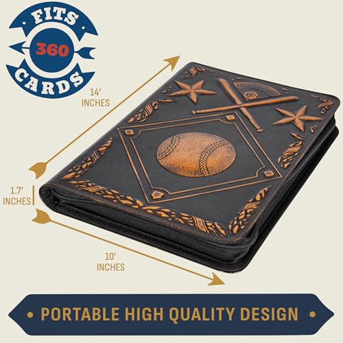 Baseball Card Binder - Stunning 3D Raised & Hand Colorwashed PU Leather Binder - 9 Pocket Album w Zipper - 360 Side Loading Sleeves Book for Baseball Trading Cards - Works with Topps, Bowman, Panini.. - color: Iconic Design