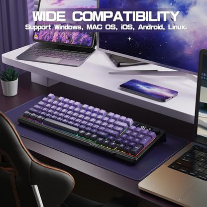 LexonElec M96 Wireless Keyboard, Low Profile Quiet Typing Membrane Gaming Keyboard with Smart Display & Knob, RGB Backlit, USB C Rechargeable, 94 Keys PBT Keycap for Windows PC,Mac,Linux-Grape Purple - color: Grape Purple