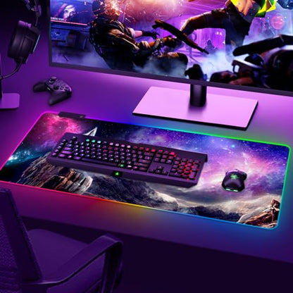 RGB Gaming Mouse Pad, Large Extended Soft Led Mouse Pad with 14 Lighting Modes 2 Brightness, Water Resist Keyboard Pad, Computer Mousepads Mat 35.4x15.7inch, Starry Mountains - color: Starry Mountains