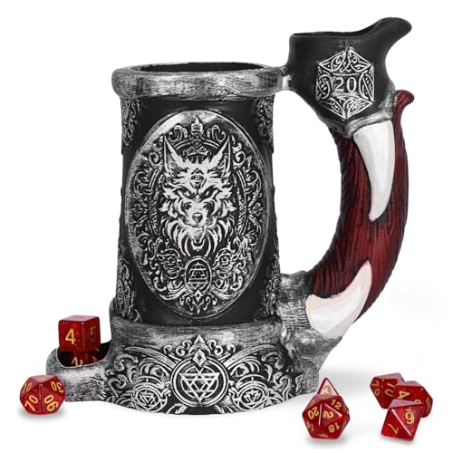 Dice Tower Mug, Dice Rolling Tower, Comes with 7 PCS Dice Set, Suitable for DND Dungeons and Dragons, Tabletop Games, Available As Drink Holder, D&D Gifts, DND Accessories (Silver-Black Wolf) - color: Silver-black Wolf