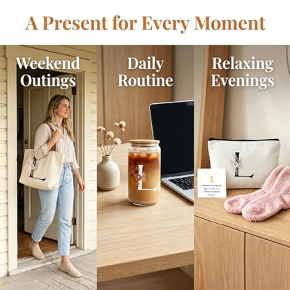 DHQH Birthday Gifts for Women, Monogrammed Gifts Gifts Box Included 16 oz Initial Glass Drinking Cup,Canvas Tote Bag, Personalized Iced Coffee Tumbler Gift for Women Her Mom Teacher Friends Sister, L - color: letter-cup-l