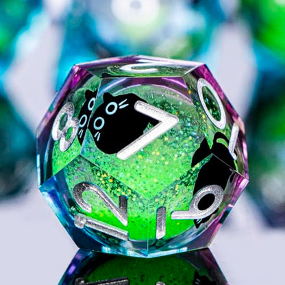 DND Cat Dice Set Green Sharp Edge Dice with Box, RPG D and D Dice Dungeons Dragons Role Playing Game Polyhedral Resin Dice Set D20 D12 D10 D8 D6 D4 - color: Green Purple