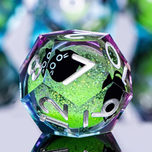 DND Cat Dice Set Green Sharp Edge Dice with Box, RPG D and D Dice Dungeons Dragons Role Playing Game Polyhedral Resin Dice Set D20 D12 D10 D8 D6 D4 - color: Green Purple