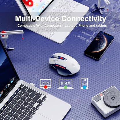 Uineer Bluetooth Mouse, Tri-Mode Wireless, Rechargeable, 3-Device Switch | Dual Bluetooth plus 2.4G connectivity, 3-device switching and a visible rechargeable battery level. - color: Blue White