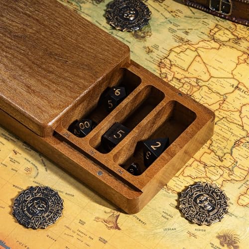 Wooden DND Dice Case with Magnetic Lid for Storing 3 Sets of 7 Polyhedral Dice for D&D Tabletop Games