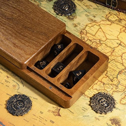 Wooden DND Dice Case with Magnetic Lid for Storing 3 Sets of 7 Polyhedral Dice for D&D Tabletop Games