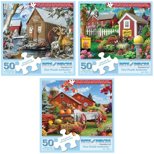 Bits and Pieces 50 Piece Puzzles for Adults - Alan Giana 3-Pack - 50 Extra Large Pieces 15" x 19" Jigsaw Puzzles, Rustic Country Scenes, No 2 Pieces Alike - size: 50 Piece Puzzles
