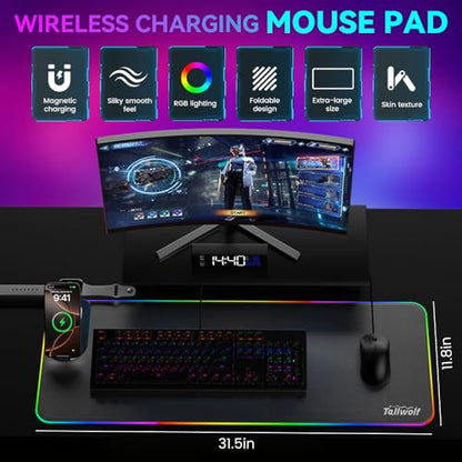 3 in 1 RGB Gaming Mouse Pad, Wireless Charging Mouse Mat Fast Charging for Phones Earbuds & Apple Watch, 15 Dynamic Lighting Modes, 31.5''x11.8'' Large Keyboard Pad with Magnetic Phone Holder
