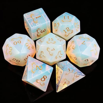 Haxtec Opal Gemstone Dice Polyhedral DND Dice Set with Premium Dice Case Compatible with Dungeons and Dragons Role Playing Board Games D&D Gift - color: White Gold- Opal Grass