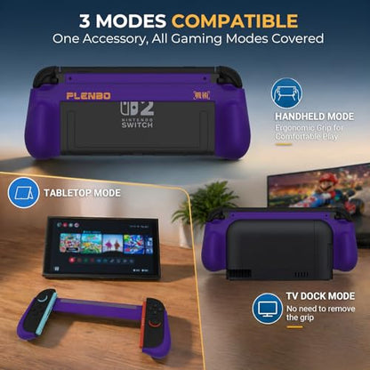 Plenbo FoldeX Switch 2 Grip Case with Detachable Flip Cover- Purple/Green | Dockable Ergonomic Handheld Protective Hard Shell for Nintendo Switch 2, 3-Mode Compatible Joy-Con 2 Controller Grip - color: Neon Purple & Green