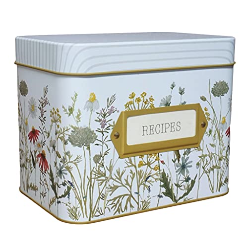SENSORY4U Tin Recipe Box Holder With Cards - Wildflower Print - Includes 100 4X6 Cards and 12 Dividers - Beautiful Decorative Tin Box Flower Gift