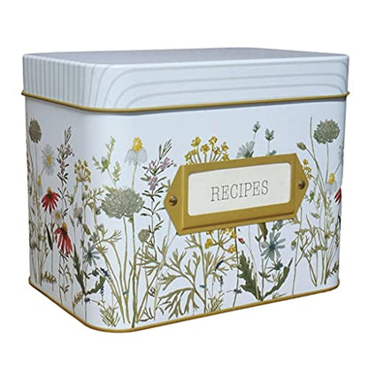 SENSORY4U Tin Recipe Box Holder With Cards - Wildflower Print - Includes 100 4X6 Cards and 12 Dividers - Beautiful Decorative Tin Box Flower Gift