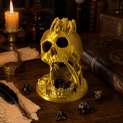 Skull Dice Tower Dungeons and Dragons RPG abletop Roleplaying Game Jail D&D (Random 7PCS D20 Dice Set Included) Gold - color: Glod