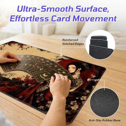 Kitsune Mask Woman MTG Playmat, Card Game Play Mat with Stitched Edges, Smooth Surface Board Game Trading Card Mat, Non-Slip Rubber Base Large Gaming Mouse Pad 24 x 14 Inch - color: Kitsune Mask Woman