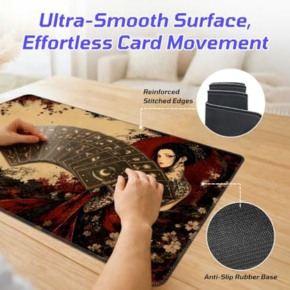 Kitsune Mask Woman MTG Playmat, Card Game Play Mat with Stitched Edges, Smooth Surface Board Game Trading Card Mat, Non-Slip Rubber Base Large Gaming Mouse Pad 24 x 14 Inch - color: Kitsune Mask Woman