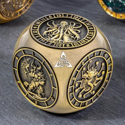 KERWELLSI 7 in 1 DND Dice Set D&D, Polyhedral Metal Spinner Dice, 3D Relief D and D Role Playing Dice with Gift Box (Bronze) - color: Bronze